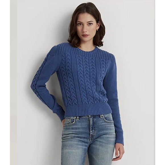 Lauren Ralph Lauren Sweater XXL Blue Cable-Knit Cotton Crewneck Puff Sleeve NWT - Picture 1 of 12
